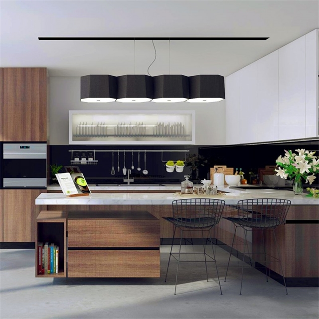 Tủ bếp mang phong cách Châu Âu hiện đại với sự bố trí đơn giản trong phần tủ với diện tích phù hợp nhất.